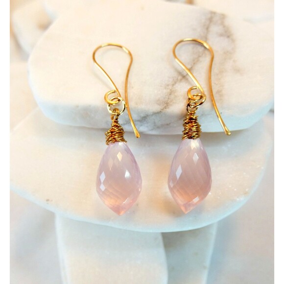 Natural Rose Quartz Micro Faceted Gold Fill Dangle Drop Earrings Handmade AAA - Picture 5 of 6